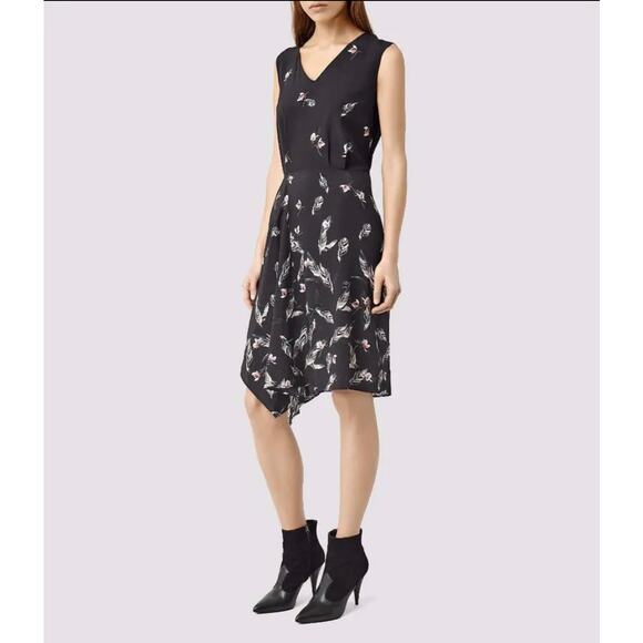 All Saints Dark Navy Blue  Floral Sleeveless V neck Asymmetrical Hem Sz 00 XS - Picture 1 of 12